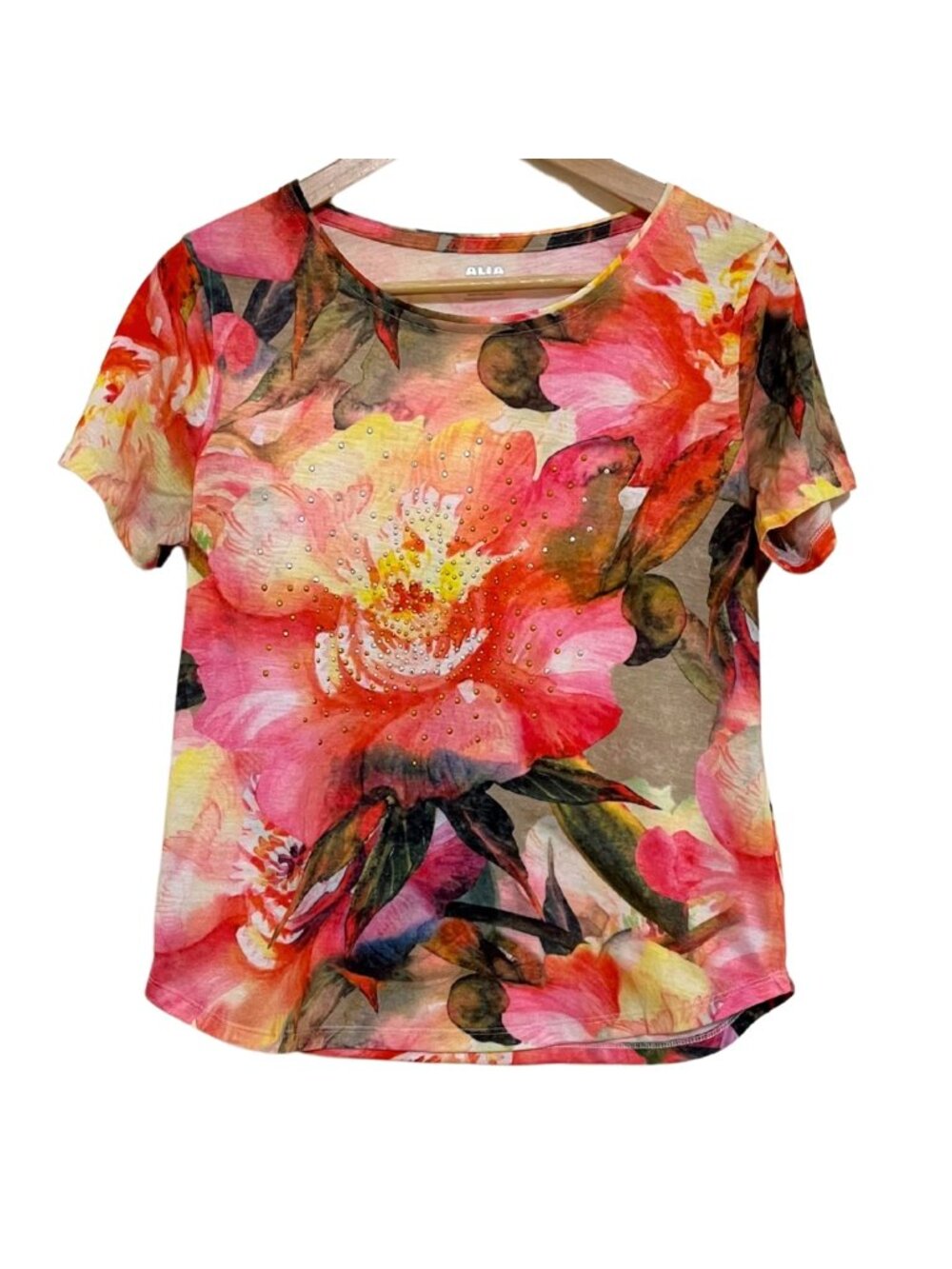 Alia Watercolour Pink Orange Green Floral Studded Scoop-Neck T-Shirt – S